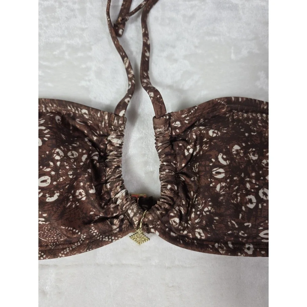 No Boundaries Bikini Set Brown Print Bandeau Cheeky High Leg M 8-10 NWT